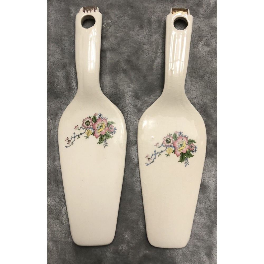 Vintage Pie Cake Server White Floral Porcelain Glaze Gold Flake‎ Lot Of 2